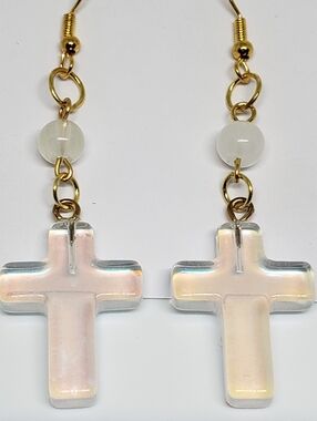 Handmade Beaded Glass Clear Iridescent Cross Dangle Earrings